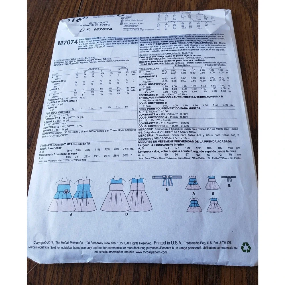 MCCALLS Laura Ashley Sewing Pattern M7074 Child's Dress &Matching Doll Dress 6-8